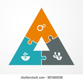 Pyramid Three Piece Flat Puzzle Round Infographic Presentation. 3 Step Circle Business Diagram. Three Section Compare Service Banner. Vector Illustration Template Shape . 3d Abstract Background