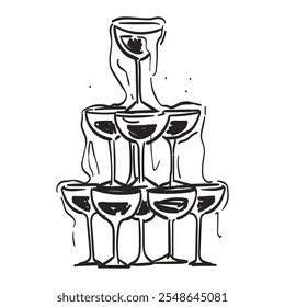 Pirámide o torre de copas con champán o vino espumoso. Dibujo a mano ilustración de Arte vectorial de doodle de color negro para invitación de boda o cumpleaños o tarjeta de felicitación. Estilo vintage de línea simple.