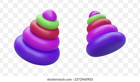Pyramid toy in different positions. 3d toys for kids concept. Pyramid with colorful rings for toy store. Vector illustration in green, red and purple colors