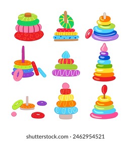 pyramid toy set cartoon. play baby, collection kid, color wooden pyramid toy sign. isolated symbol vector illustration