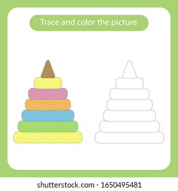 Pyramid toy with simple shapes. Trace and color the picture children s educational game. Handwriting and drawing practice. Toys theme activity for toddlers, kids. Vector illustration.