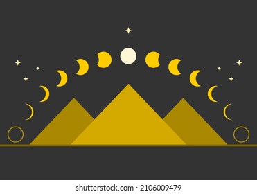 Pyramid traingle with yellow moon different phases or lunar phases mysterious astrology magic on black background flat vector design icon.