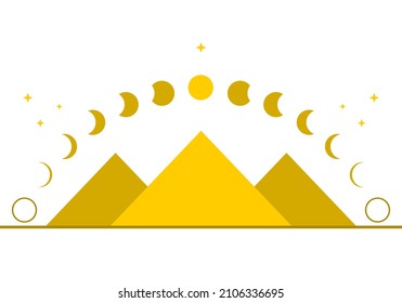 Pyramid traingle with yellow moon different phases or lunar phases mysterious astrology magic on white background flat vector design icon.