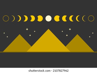 Pyramid traingle with yellow moon different phases or lunar phases mysterious astrology magic on black background flat vector design icon.