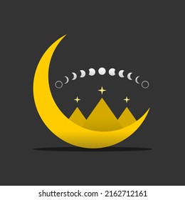 Pyramid triangle on yellow crescent moon with white moon different phases or lunar phases mysterious astrology magic on black background flat vector design icon.