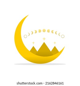 Pyramid triangle on yellow crescent moon with moon different phases or lunar phases mysterious astrology magic boho on white background flat vector design icon.