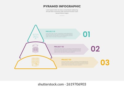 pyramid or triangle shape infographic outline style with 3 point template with round pyramid with round bend divider with long rectangle box container for slide presentation vector
