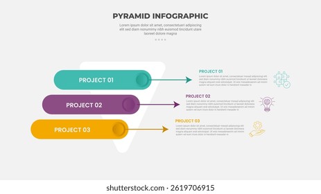 pyramid or triangle shape infographic outline style with 3 point template with reverse pyramid with long round rectangle and arrow pointer for slide presentation vector