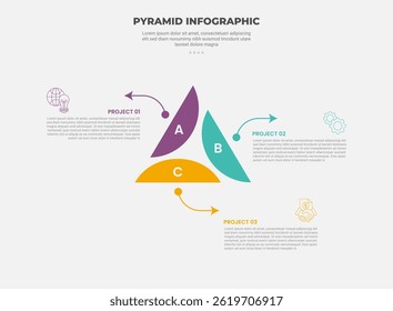 pyramid or triangle shape infographic outline style with 3 point template with creative pyramid 3 component cycle circular for slide presentation vector