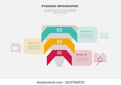 pirâmide ou forma de triângulo infográfico estilo de contorno com modelo de 3 pontos com pirâmide reversa e emblema de fita com caixa contêiner na direção oposta para vetor de apresentação de slide