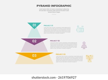 pirâmide ou forma de triângulo infográfico estilo de contorno com modelo de 3 pontos com pirâmide com emblema de forma reversa na parte superior com descrição à direita para vetor de apresentação de slide