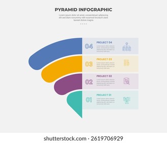 pyramid or triangle shape infographic outline style with 4 point template with reverse pyramid slice piechart stacked with box container for slide presentation vector