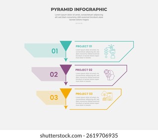 Estilo de esquema de infografía de forma de pirámide o triángulo con Plantilla de 3 puntos con pirámide inversa y dirección inferior de flecha para Vector de presentación de diapositivas