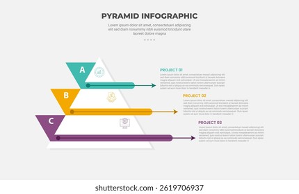 pyramid or triangle shape infographic outline style with 3 point template with creative triangle badge on side with long arrow through for slide presentation vector