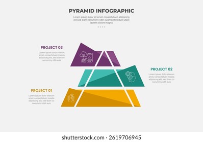 Estilo de esquema de infografía de forma de pirámide o triángulo con Plantilla de 3 puntos con forma inusual y desequilibrada con forma de media rebanada para Vector de presentación de diapositivas