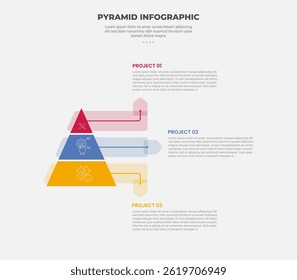 pyramid or triangle shape infographic outline style with 3 point template with separated pyramid with long arrow pointer direction for slide presentation vector