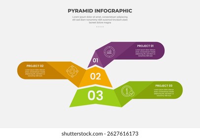 pirâmide ou forma de triângulo infográfico estilo de contorno com modelo de 3 pontos com forma de pirâmide criativa com fita inverter forma para apresentação de slide vetor