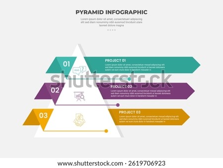 pyramid or triangle shape infographic outline style with 3 point template with pyramid shape with long arrow container pierce through and line arrow for slide presentation vector