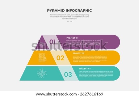 pyramid or triangle shape infographic outline style with 3 point template with creative pyramid with long rectangle box container unite for slide presentation vector