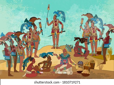 Pirámide y tribu. Aztecas e incas. Mayas antiguas. Estilo de pintura mural