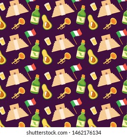 pyramid trumpet bottle flag celebration viva mexico background vector illustration