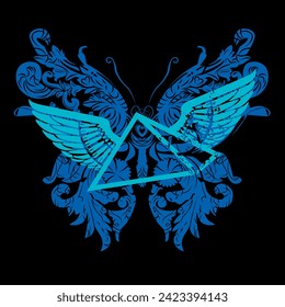 Pyramid t-shirt design with wings and a blue butterfly on a black background.