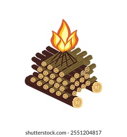 Pyramid type tourist bonfire. Color vector flat illustration