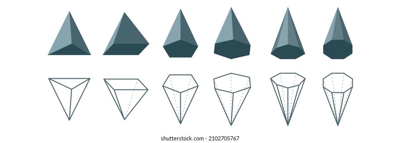 Tipos de pirámide establecidos. Icono de línea y 3D. Figuras geométricas matemáticas. Poliedro. Pirámide poligonal pentagonal hexagonal triangular Rectangular Heptagonal Octagonal. Ilustración del vector