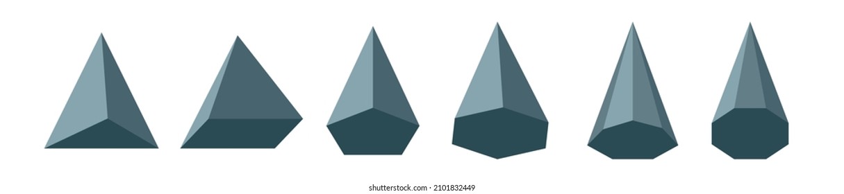 Pyramid types set. Math geometric figures. Polyhedron.Triangular Rectangular Pentagonal Hexagonal Heptagonal Octagonal polygonal pyramid. Vector illustration