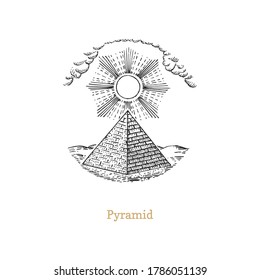 Pyramid vector illustration in engraving style. Vintage pastiche of esoteric and occult sign. Drawn sketch of magical and mystical symbol.