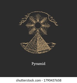 Pyramid Vector Illustration In Engraving Style. Vintage Pastiche Of Esoteric And Occult Sign. Drawn Sketch Of Magical And Mystical Symbol.