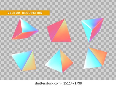 Pyramid volumetric. Set 3d holographic Geometric Shapes Objects. Realistic geometry elements on hologram color gradient. Render Decorative figure for design. vector illustration Pyramid volumetric. Set 3d holographic Geometric Shapes Objects. Realistic geometry elements on hologram color gradient. Render Decorative figure for design. vector illustration