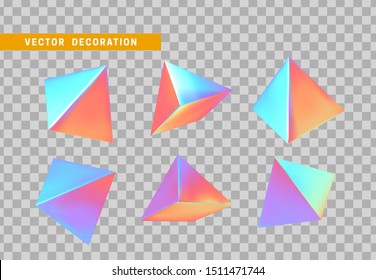 Pyramid volumetric. Set 3d holographic Geometric Shapes Objects. Realistic geometry elements on hologram color gradient. Render Decorative figure for design. vector illustration