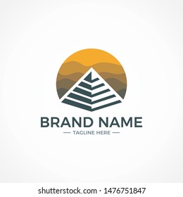 Pyramid with waves and sun logo concept