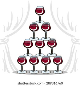 Pyramid of wineglasses with red wine. Vector illustration for your design