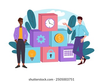 Pyramid of workflow parts. Men near cubes with coin, light bulb, lock and gear. Infographics for business. Organizing efficient work process. Flat vector illustration isolated on white background