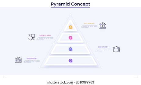 Pyramidal Chart Divided Into Four Paper White Layers. Concept Of 4 Levels Of Professional Growth And Development. Simple Infographic Design Template. Modern Flat Vector Illustration For Presentation.