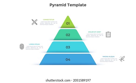 Pyramidal diagram divided into four numbered colorful layers. Concept of 4 levels of business development. Simple infographic design template. Modern flat vector illustration for presentation, report.