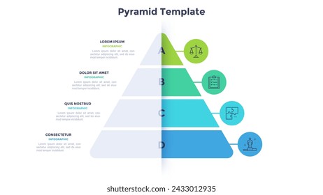 Pyramidal diagram divided into four numbered colorful layers. Concept of 4 levels of business development. Simple infographic design template. Modern flat vector illustration for presentation, report.