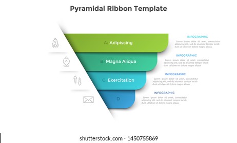 Pyramidendiagramm mit vier bunten Papierbandelementen. Konzept von 4 Geschäftsoptionen zu wählen. Kreative Infografik-Design-Vorlage. Realistische Vektorgrafik für Website-Menü, Banner.