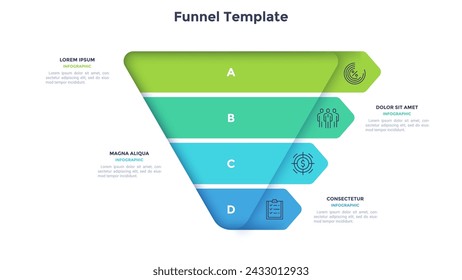 Pyramidal diagram with four colorful paper ribbon elements. Concept of 4 business options to choose. Creative infographic design template. Realistic vector illustration for website menu, banner.