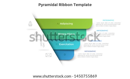 Pyramidal diagram with four colorful paper ribbon elements. Concept of 4 business options to choose. Creative infographic design template. Realistic vector illustration for website menu, banner.