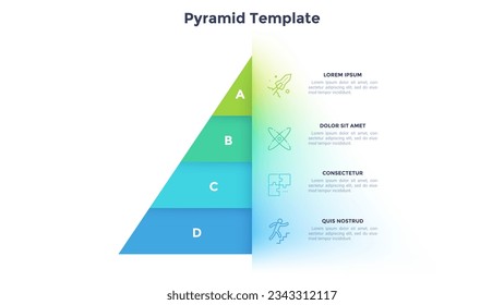 Diagrama piramidal con cuatro elementos coloridos de la cinta. Concepto de 4 opciones de negocio a elegir. Plantilla de diseño de infografía creativa. Ilustración vectorial realista para el menú del sitio web, banner.