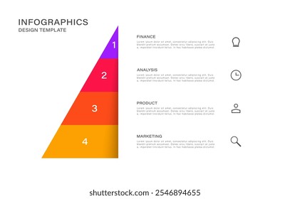 Diagrama piramidal con cuatro pasos u opciones. Concepto de 4 opciones de negocio a elegir. Plantilla de diseño infográfico creativo