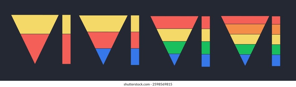 Pyramidal diagram icon set. Levels of triangular pyramid. Funnel diagram infographic template for web, business, presentations. Vector illustration	
