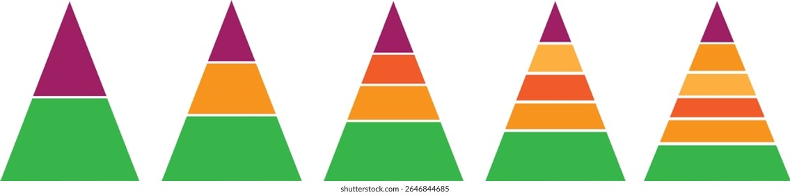 Pyramidal diagram icon set. Levels of triangular set. Half triangle pyramid chart. Maslow layer diagram. Development level infographic. Business graph. Vector business illustration.	
