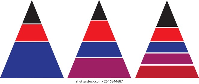 Conjunto de ícones de diagrama piramidal. Níveis do conjunto triangular. Gráfico de pirâmide de meio triângulo. Diagrama de camada maslow. Infográfico de nível de desenvolvimento. Gráfico de negócios. Ilustração de negócios de vetor.	
