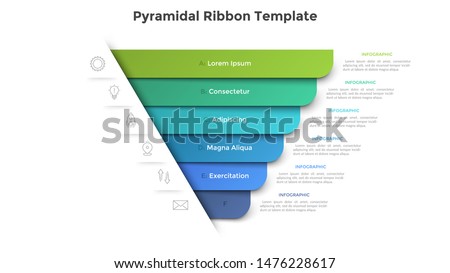 Pyramidal diagram with six colorful paper ribbon elements. Concept of 6 business options to choose. Creative infographic design template. Realistic vector illustration for website menu, banner.