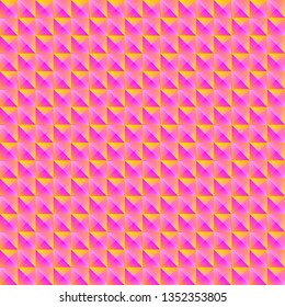Pyramidal pattern of orange squares and striped pink triangles. Volumetric geometry for the background and design of strict elements.