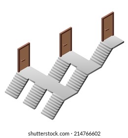 pyramidal staircase way with three doors exits vector illustration